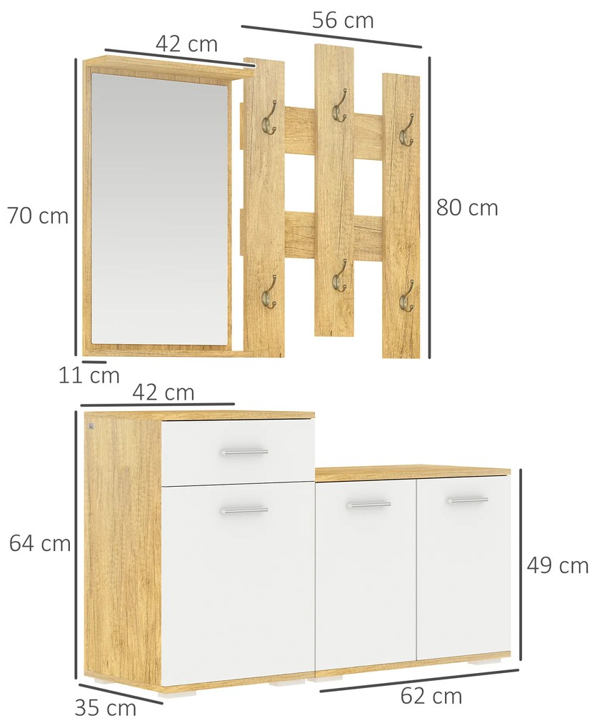 Set pentru Intrare 3 in 1 cu Cuier de Perete HOMCOM, Oglinda si Suport pentru Pantofi cu Banca din Lemn, Culoare Lemn natur si Alb | Aosom Romania