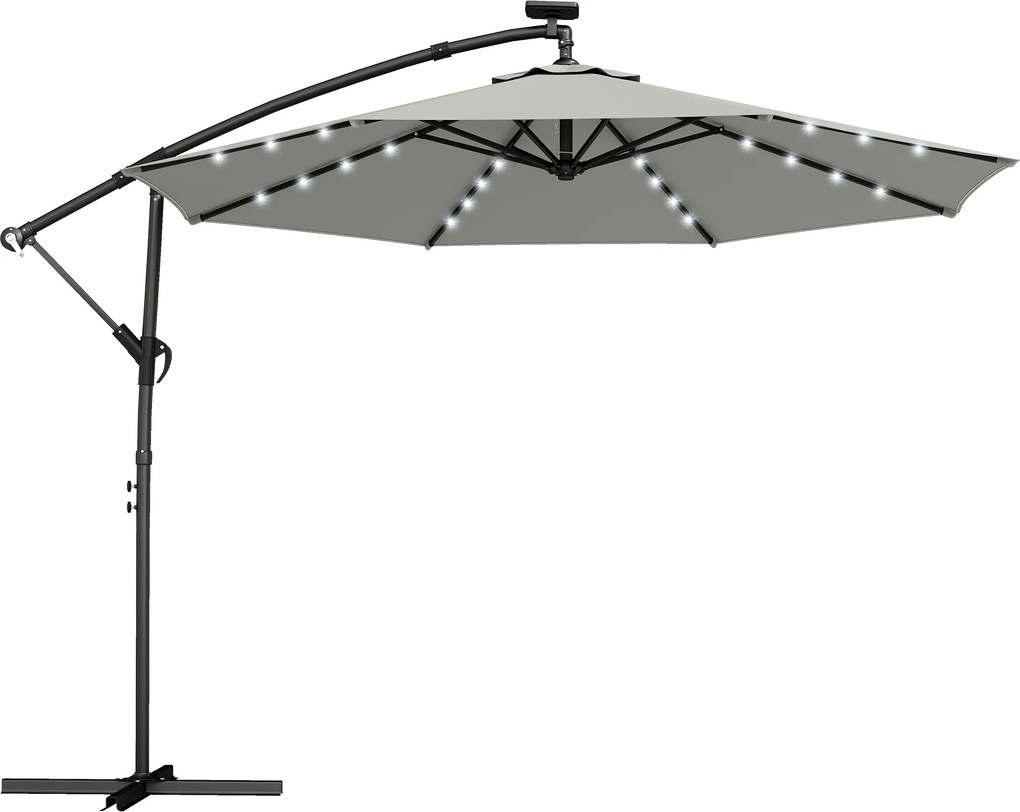 Outsunny Umbrelă cu braț lateral LED Solar aprox. Ø300 cm Rotativă Umbrelă de soare cu manivelă Suport Husă de protecție Gri deschis | Aosom Romania