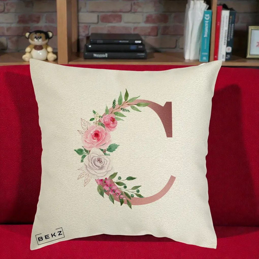 Cadou Personalizat - Perna Personalizata Monograma Rose Gold Litera C, 40x40 cm, Ecru, Husa Detasabila, Perna Inclusa, BEKZ®