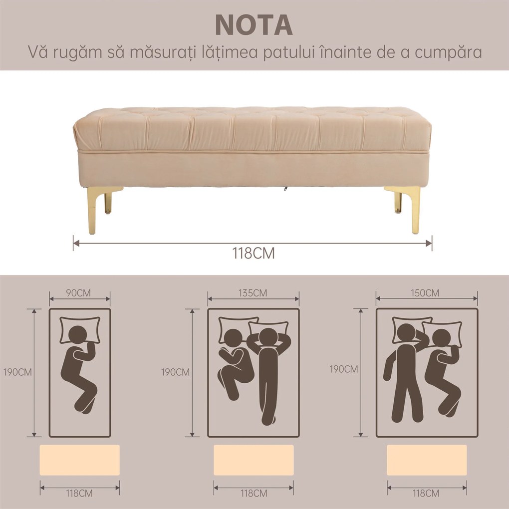 HOMCOM Bancă cu Husă Capitonată, Bancă Tapițată din Catifea cu Picioare Metalice, 118x45x42 cm, Bej | Aosom Romania