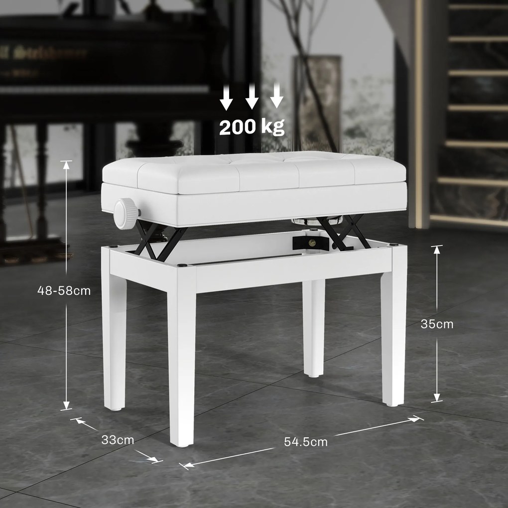 Scaun de Pian HOMCOM Reglabil cu Compartiment de Depozitare și Scaun Imbunătățit, 54.5x33x48-58 cm, Alb | Aosom Romania