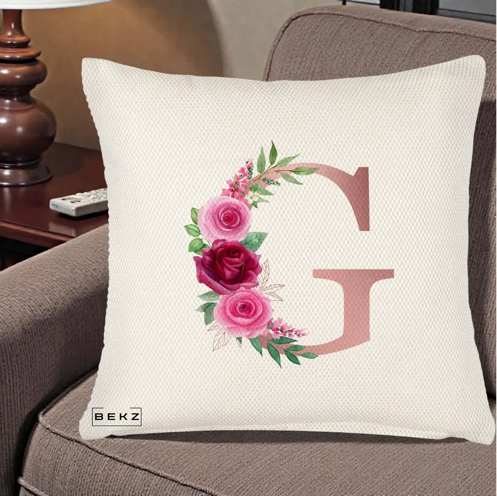 Cadou Personalizat - Perna Personalizata Monograma Rose Gold Litera G, 40x40 cm, Crem Reliefat, Husa Detasabila, Perna Inclusa, BEKZ®