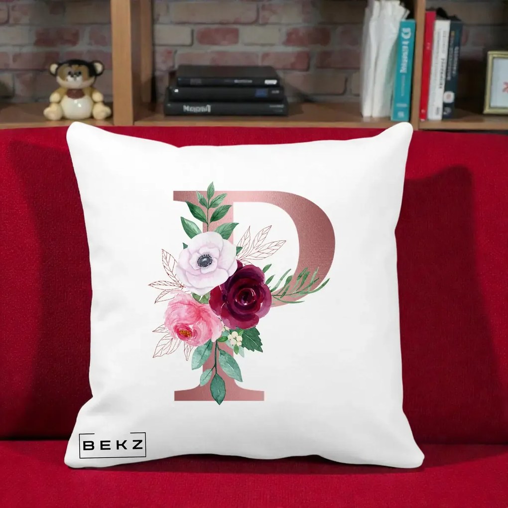 Cadou Personalizat - Perna Personalizata Monograma Rose Gold Litera P, 40x40 cm, Alba Mata, Husa Detasabila, Perna Inclusa, BEKZ®