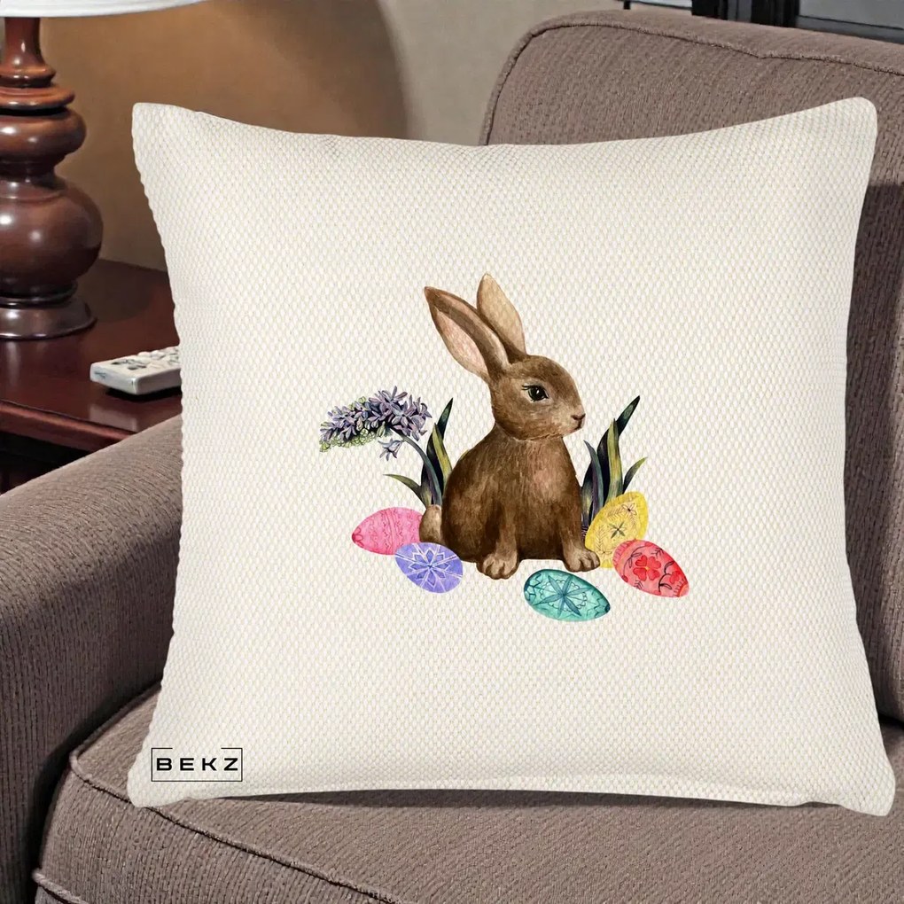 Perna Decorativa Iepuras cu Oua de Pasti Acuarela, 40x40 cm, Crem Reliefat, Husa Detasabila, Perna Inclusa, BEKZ®