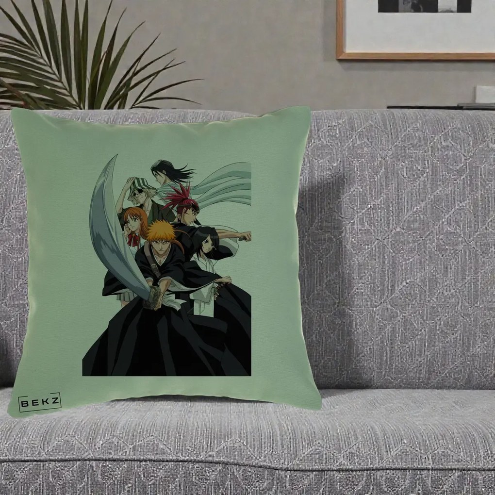 Perna Personalizata Bleach Grup Complet Ichigo si Prietenii, 40x40 cm, Verde, Husa Detasabila, Perna Inclusa, BEKZ®