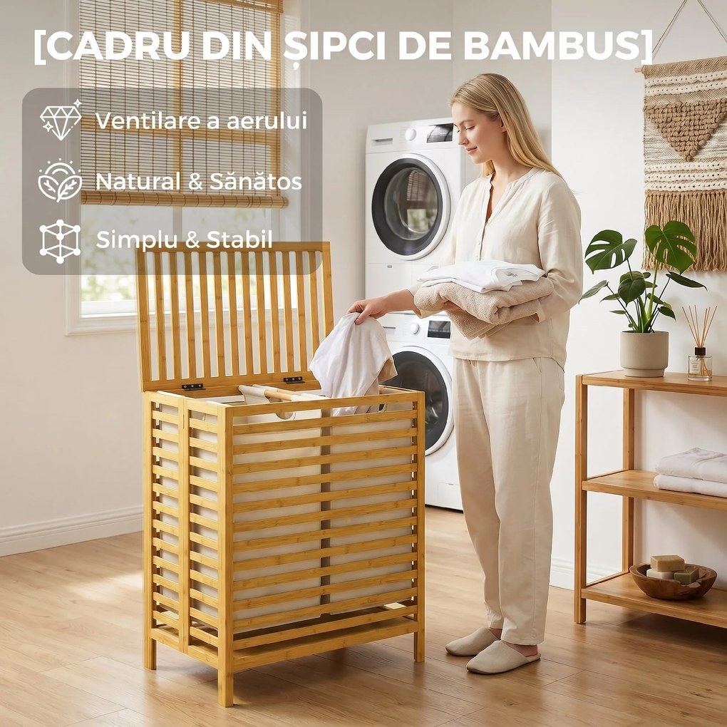 HOMCOM Coș de Rufe din Bambus 64L cu Capac, 2 Saci din Material Oxford Detașabili și Lavabili, Culoare Lemn | Aosom Romania