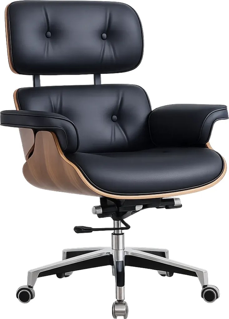 EXECUTIVE PRESTIGE – Scaun Directorial Ergonomic Premium, cu Piele PU, Furnir din Lemn Nuc, Bază din Aluminiu, Reglaj pe Înălțime și Funcție de Înclinare, Negru