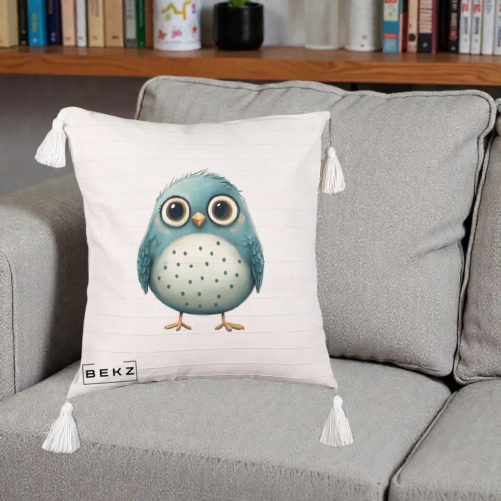 Perna Decorativa Pasare Teal cu Buline Teal, 40x40 cm, Bej cu Franjuri, Husa Detasabila, Perna Inclusa, BEKZ®