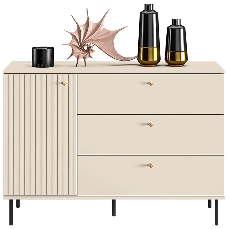 Comoda living  dormitor hol cu 3 sertare si 1 usa , casmir mdf casmir cu model , 120x85x40 cm, canturi abs, cu rafturi, picioare negre butoni auriu