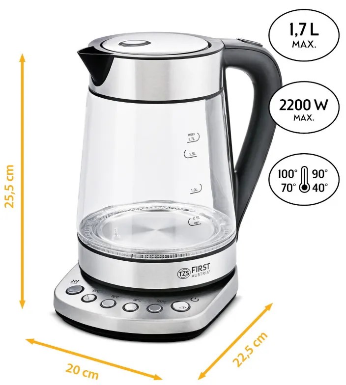Cana electrica First Austria FA-5405-9, 2200W, 1,7 L, 4 setari, LED Indicator, Mentinere la cald, Inox