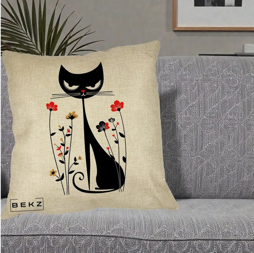 Perna Decorativa Pisica Neagra Grafica Flori Rosii, 40x40 cm, Crem, Husa Detasabila, Perna Inclusa, BEKZ®