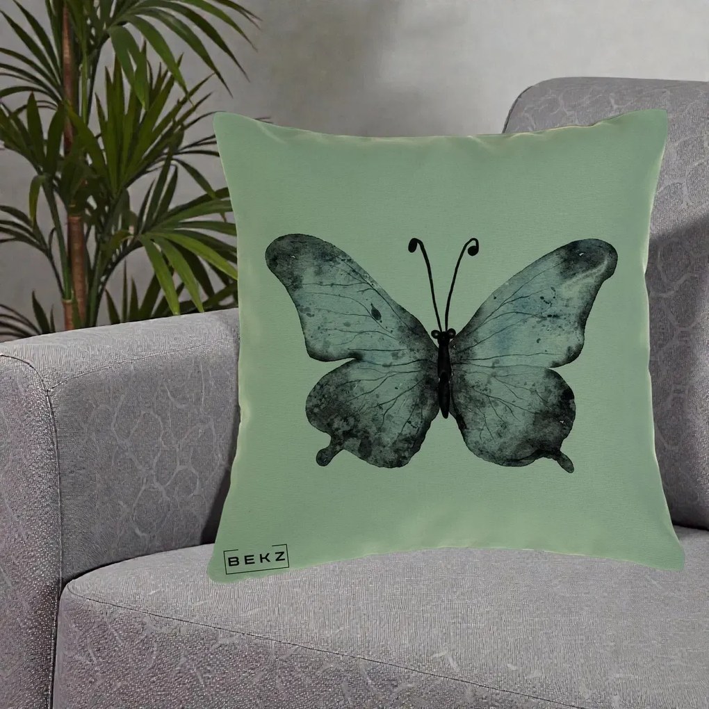 Perna Decorativa Fluture Acuarela Albastru-Gri, 40x40 cm, Verde, Husa Detasabila, Perna Inclusa, BEKZ®