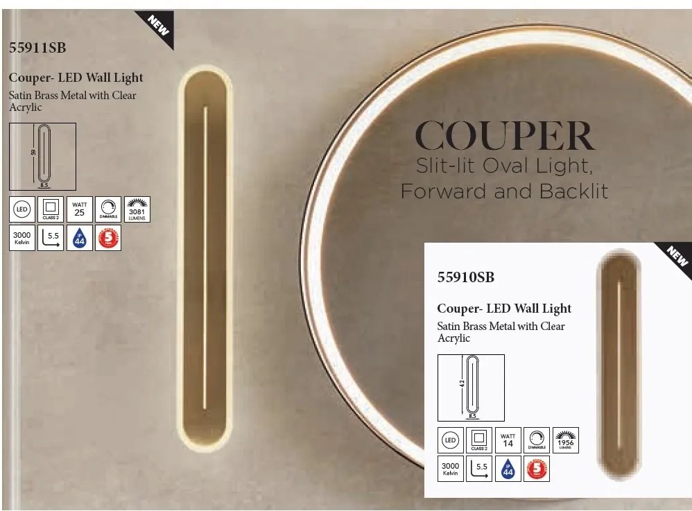 Aplica LED de perete baie metal alama satin IP44 Couper L-42cm