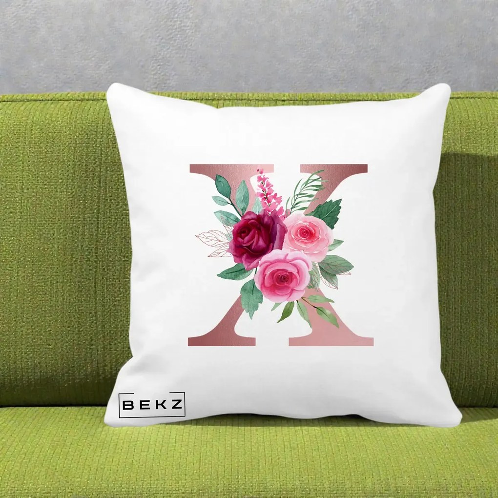 Cadou Personalizat - Perna Personalizata Monograma Rose Gold Litera X, 40x40 cm, Alba Mata, Husa Detasabila, Perna Inclusa, BEKZ®