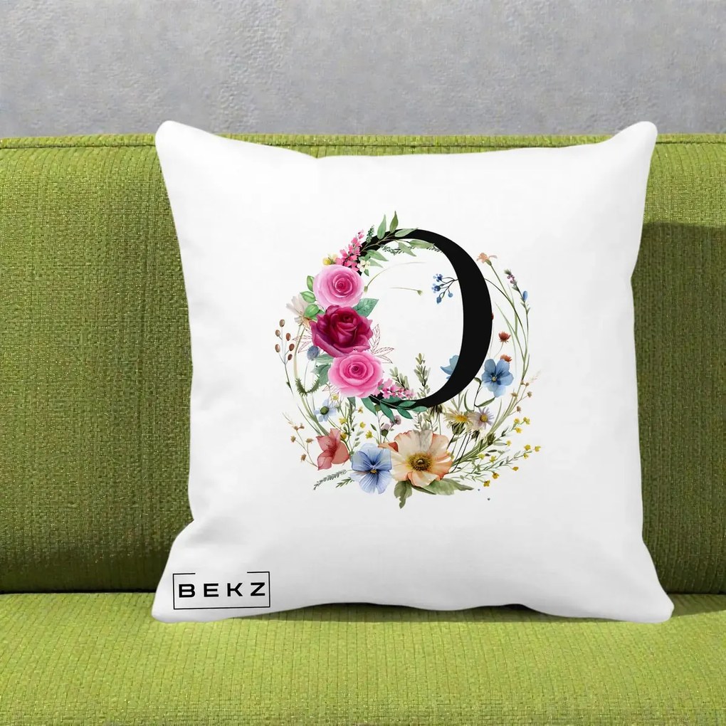Cadou Personalizat - Perna Personalizata Monogram Litera O cu Flori Acuarela, 40x40 cm, Alba Mata, Husa Detasabila, Perna Inclusa, BEKZ®