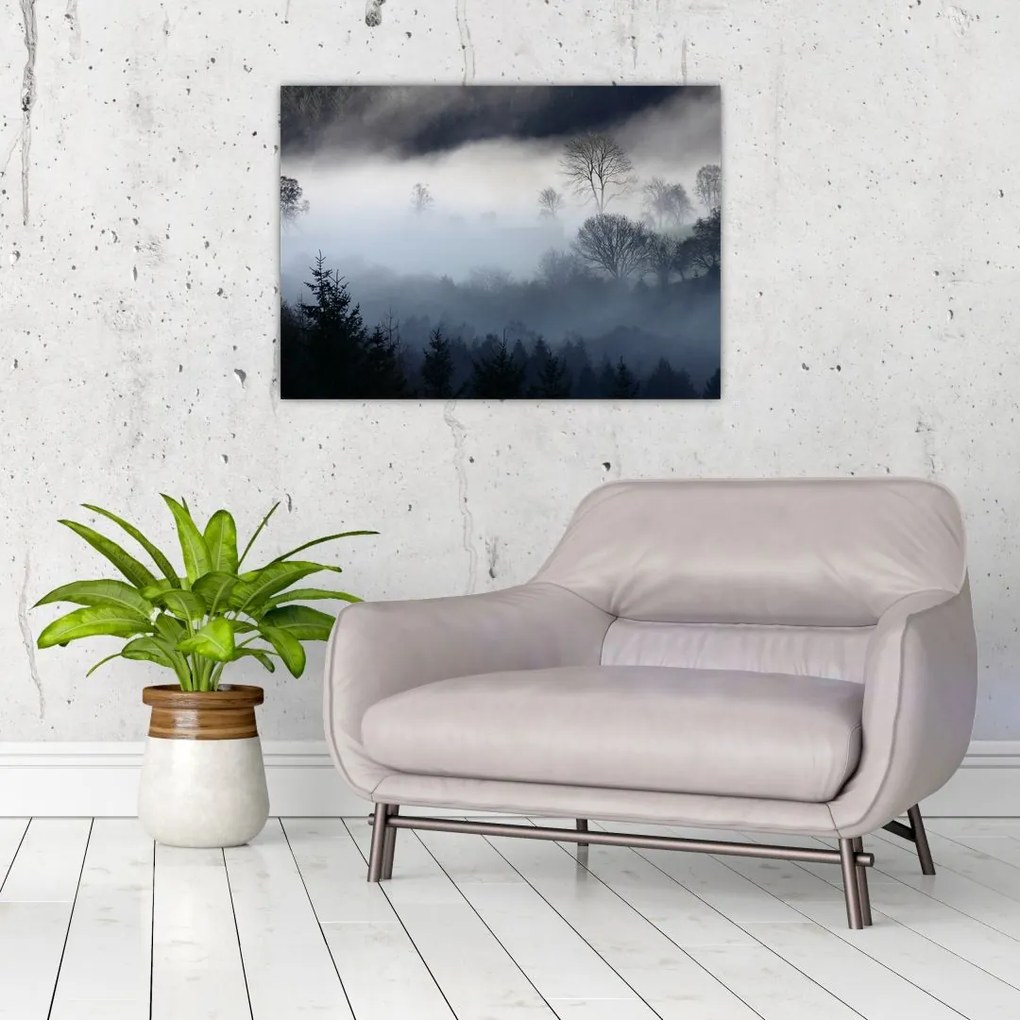 Tablou pe sticlă cu ceță deasupra pădurii (70x50 cm)