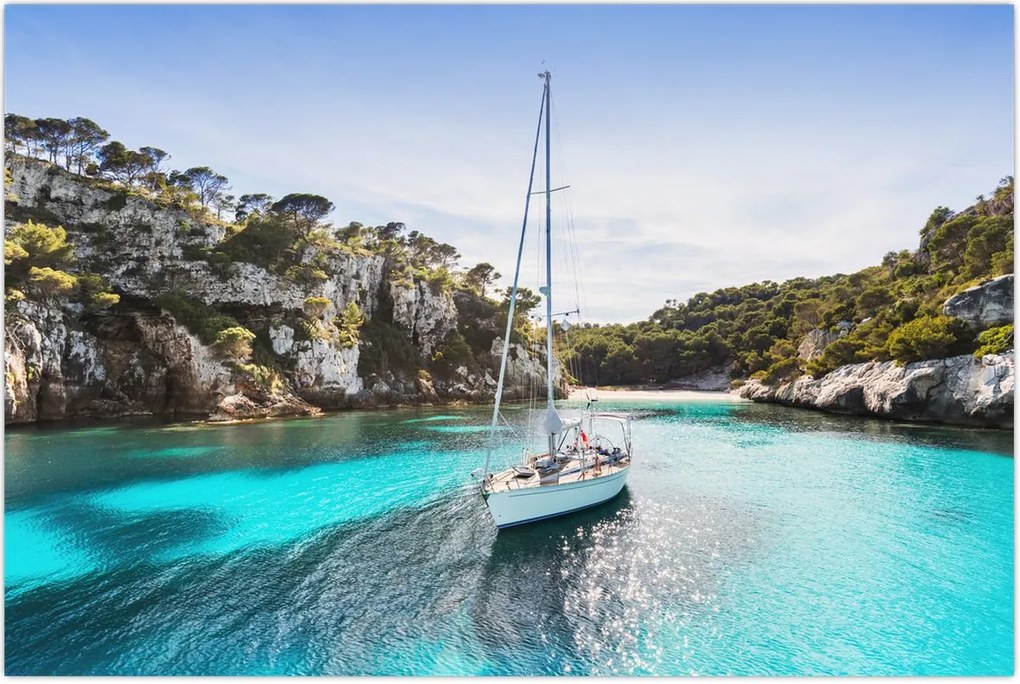 Tablou - Plajă cu barca cu pânze (90x60 cm)