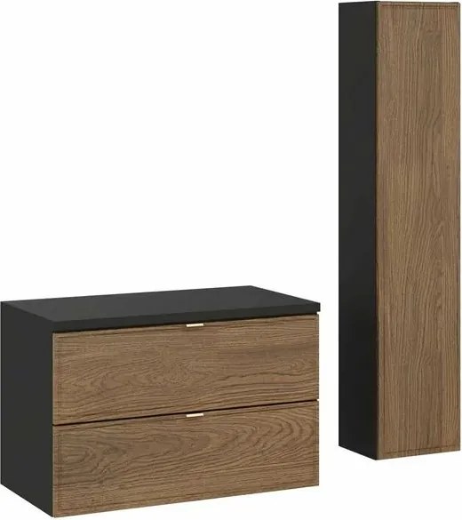 Set dulap baza suspendat 80 cm cu blat si dulap coloana Comad Talia negru mat si stejar Casella