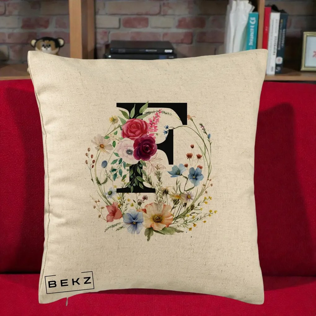 Cadou Personalizat - Perna Personalizata Monogram Litera F cu Flori Acuarela, 40x40 cm, Bej, Husa Detasabila, Perna Inclusa, BEKZ®