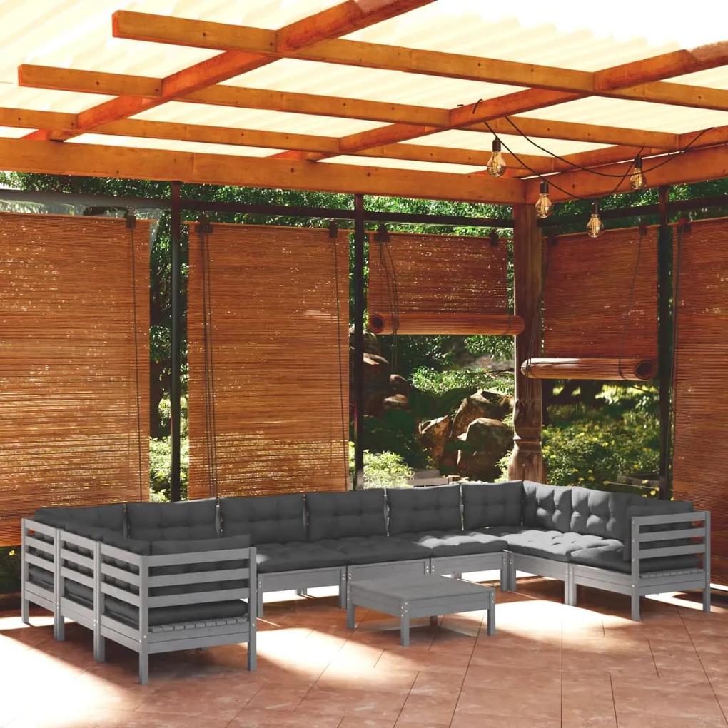 3097339 vidaXL Set mobilier de grădină cu perne, 11 piese, gri, lemn masiv pin