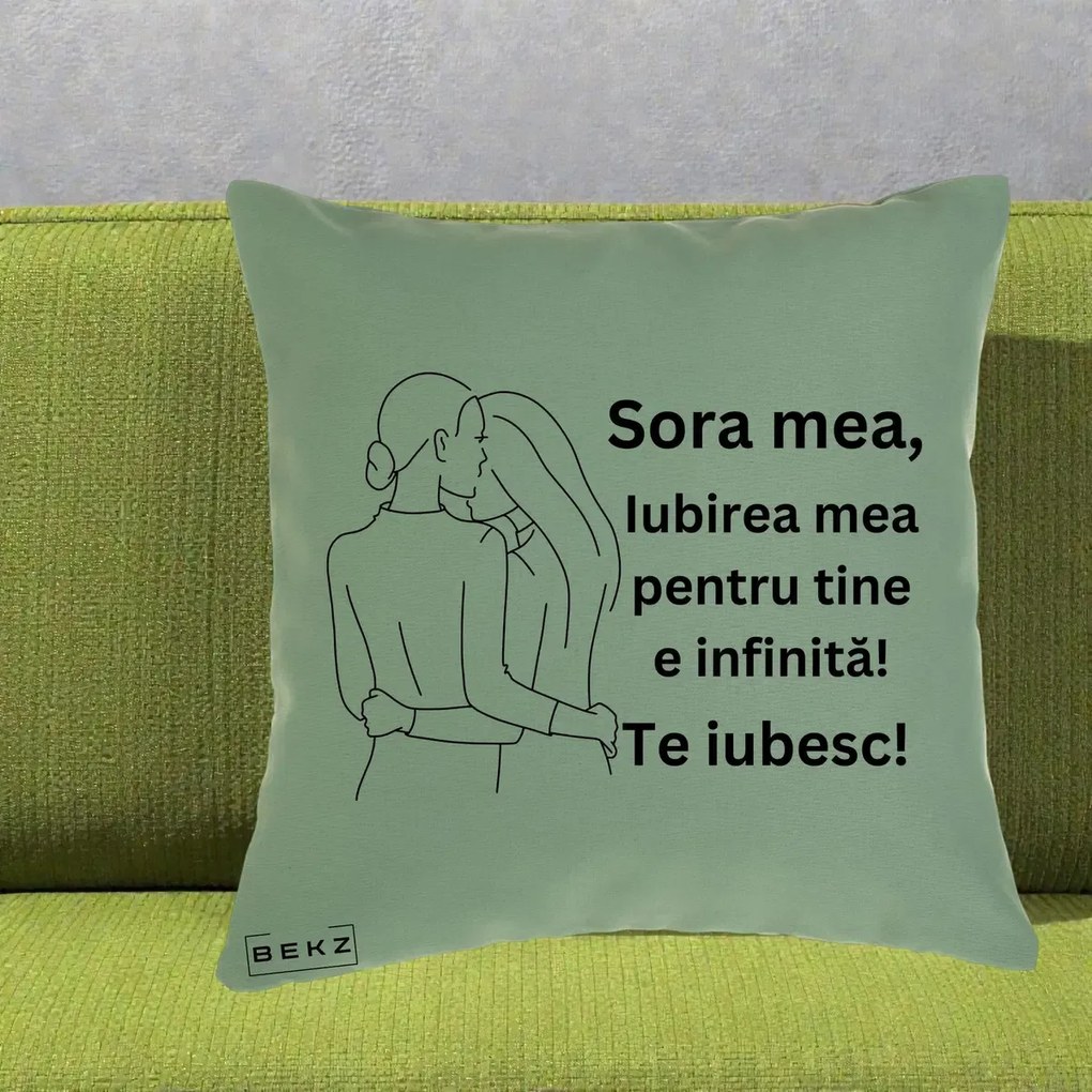 Cadou pentru Sora - Perna Personalizata Sora Mea Te Iubesc Imbratisare din Spate Line Art, 40x40 cm, Verde, Husa Detasabila, Perna Inclusa, BEKZ®