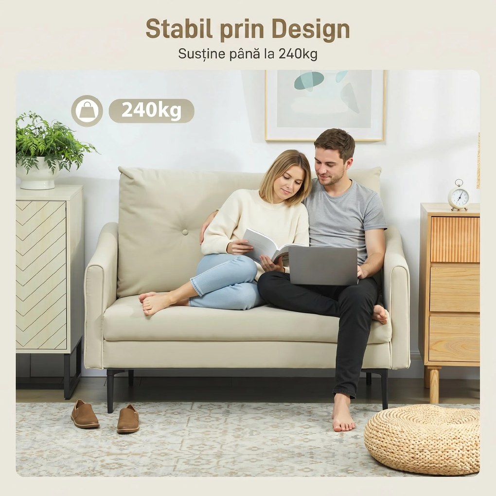 HOMCOM Canapea cu 2 Locuri din Catifea cu Spătar Matlasat și Pernă Detașabilă, Canapea Compactă Modernă cu Picioare din Metal pentru Sufragerie, 124x73x92 cm, Crem | Aosom Romania