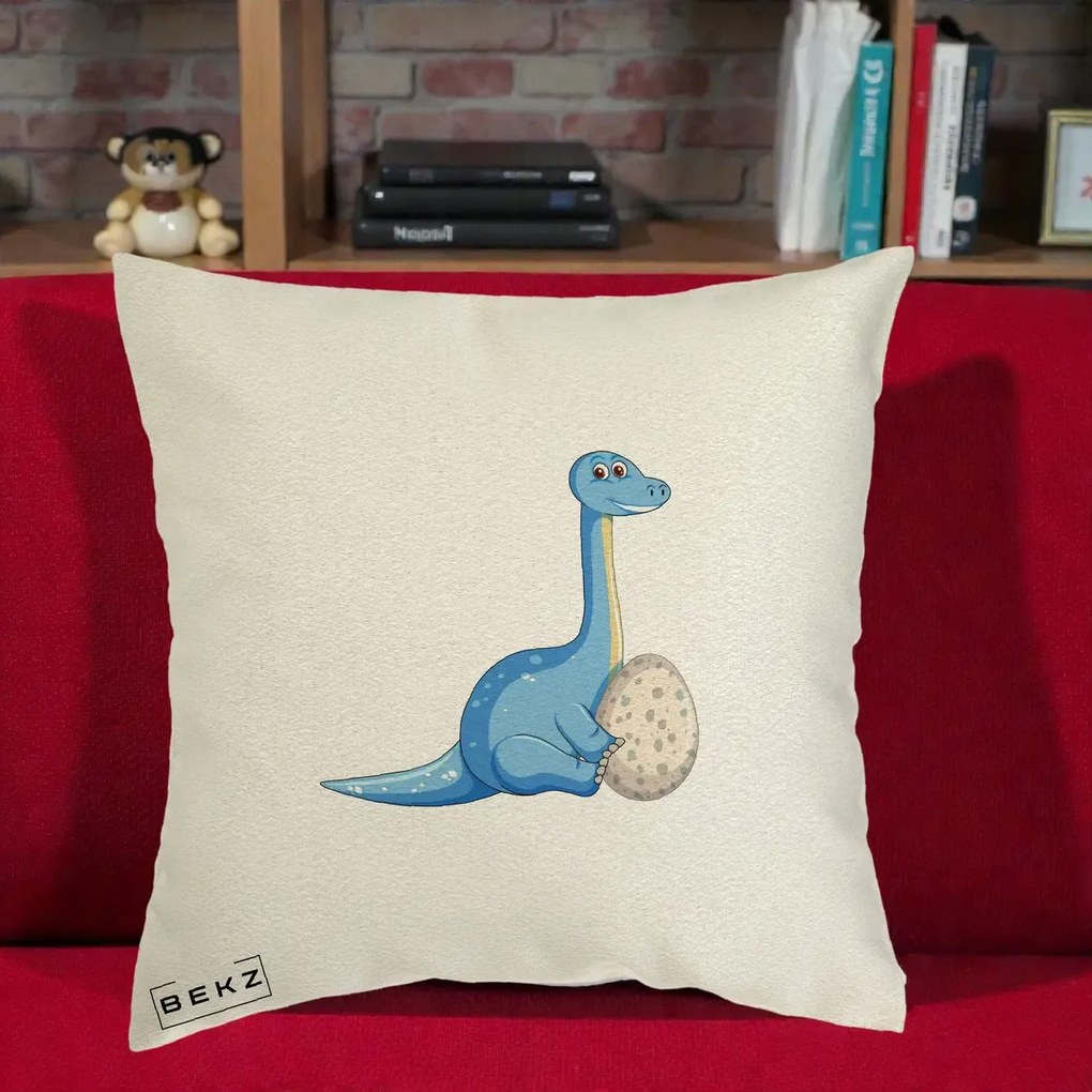 Perna Decorativa Brontosaur cu Ou, 40x40 cm, Ecru, Husa Detasabila, Perna Inclusa, BEKZ®