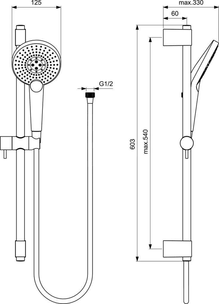 Set de dus Ideal Standard IdealRain EvoJET Round, para 125 mm, 3 jeturi, furtun 1750 mm, bara 600 mm, crom - B1761AA