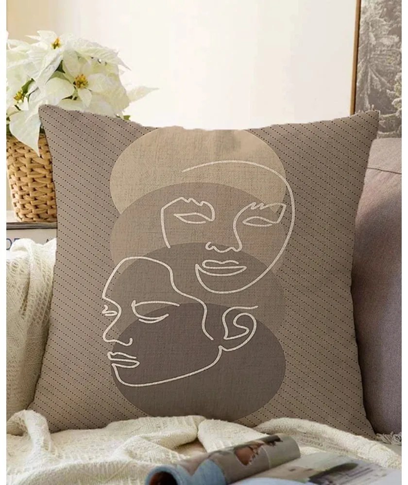 Față de pernă din amestec de bumbac Minimalist Cushion Covers Faces, 55 x 55 cm, bej