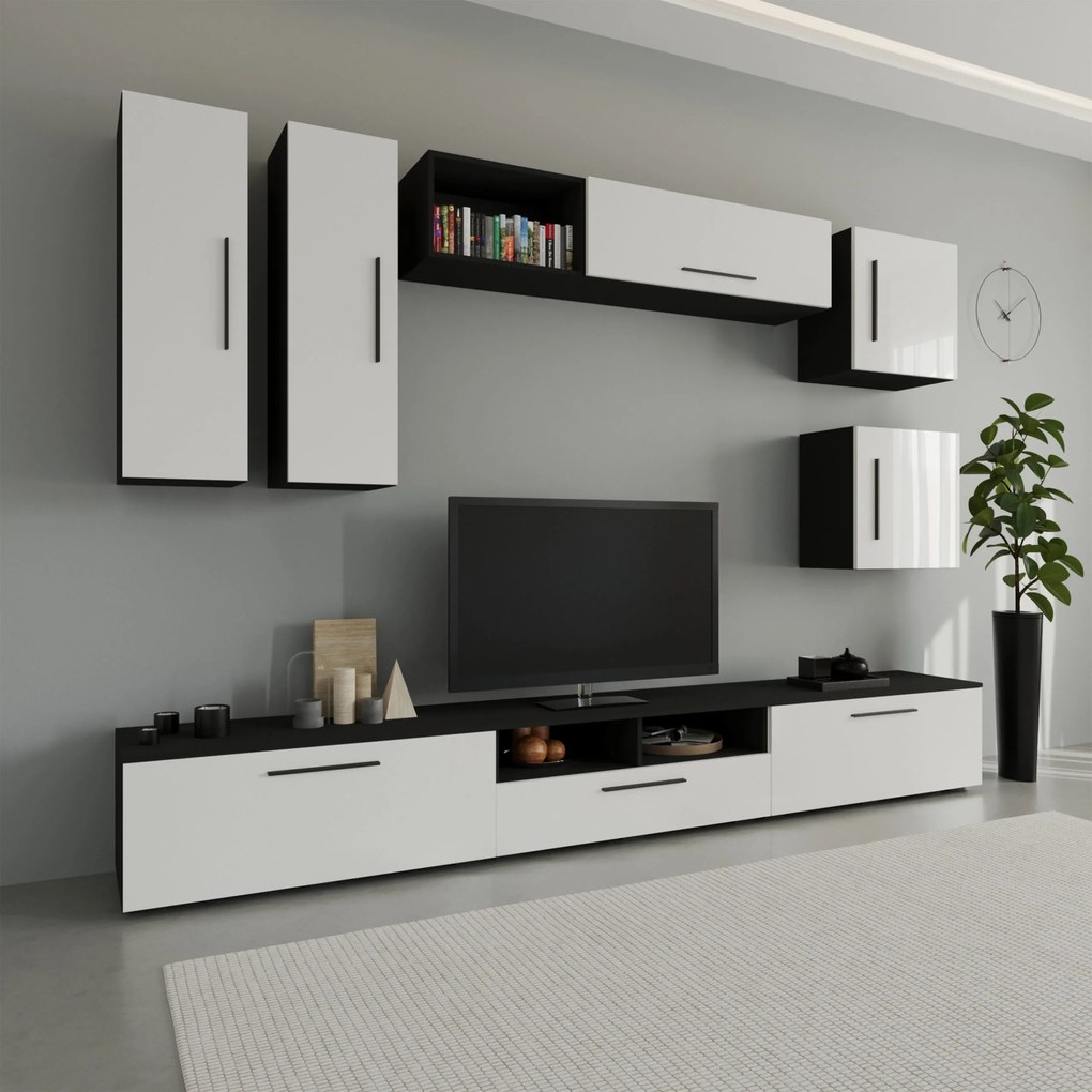 Living haaus V1, Negru/Alb Lucios, MDF, L 285 cm