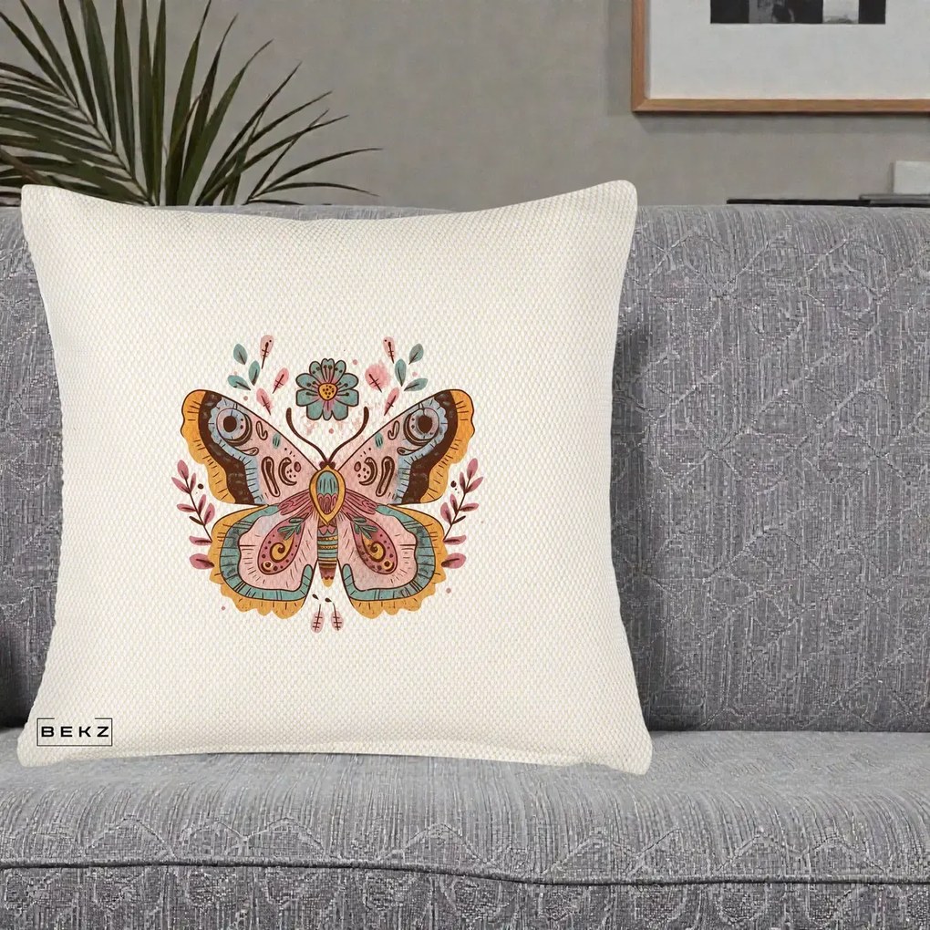 Perna Decorativa Fluture Boho Floral, 40x40 cm, Crem Reliefat, Husa Detasabila, Perna Inclusa, BEKZ®