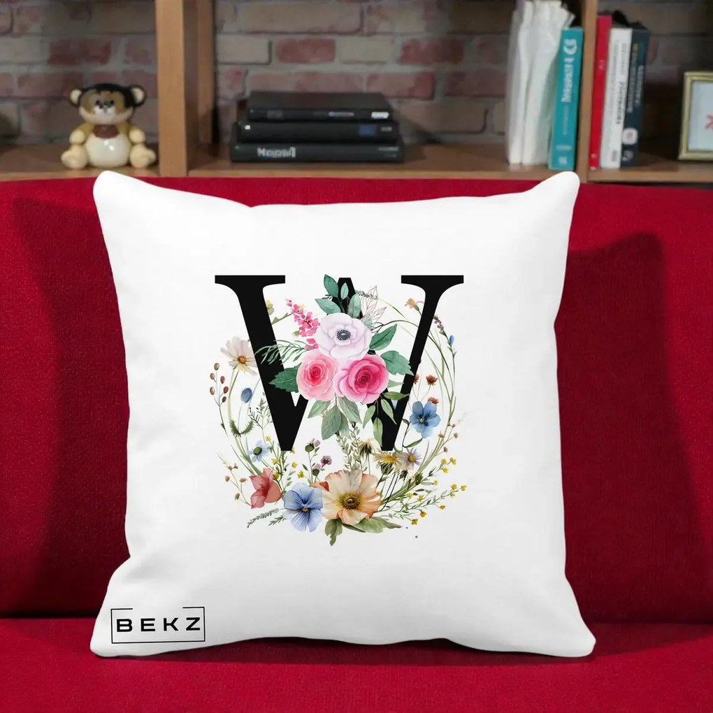 Cadou Personalizat - Perna Personalizata Monograma Florala Litera W, 40x40 cm, Alba Mata, Husa Detasabila, Perna Inclusa, BEKZ®
