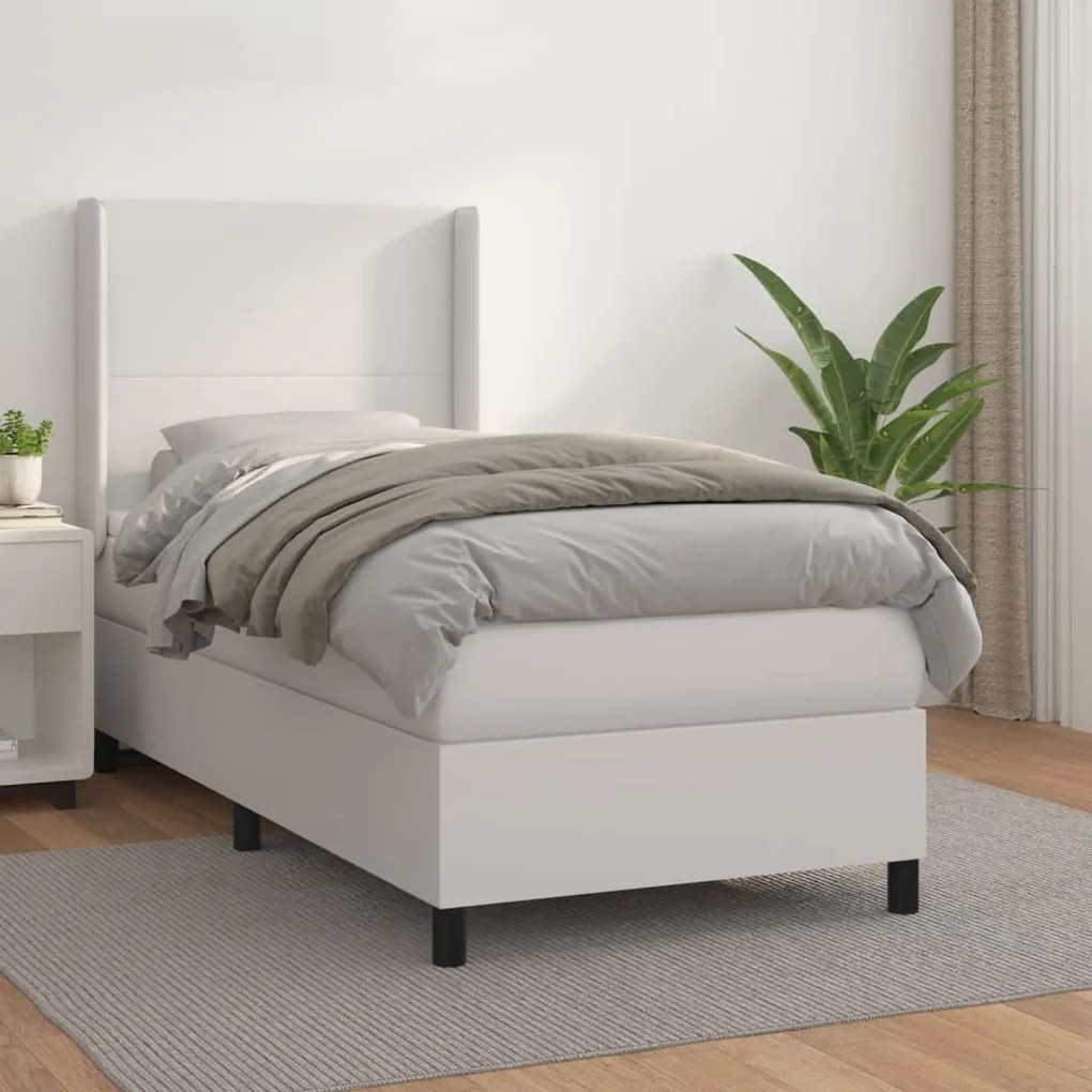 3132358 vidaXL Pat box spring cu saltea, alb, 90x200 cm, piele ecologică