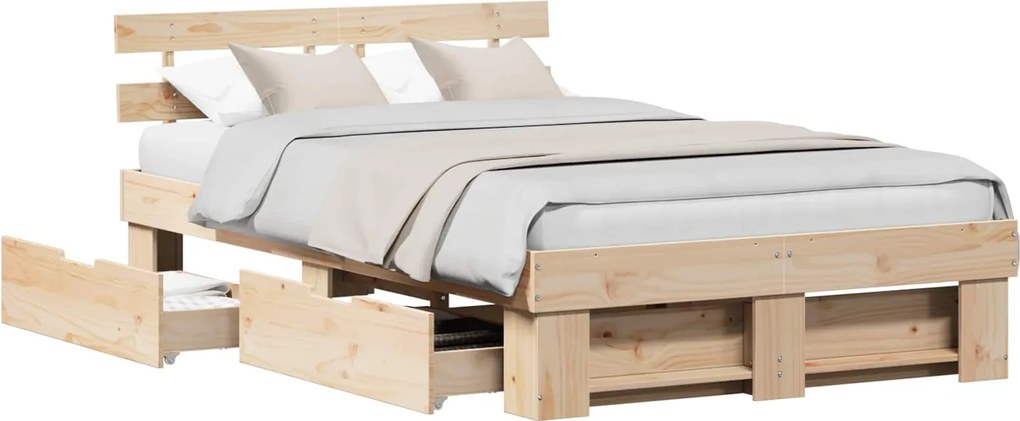 vidaXL Cadru de pat cu headboard Maro 135 x 190 cm Lemn de pin masiv