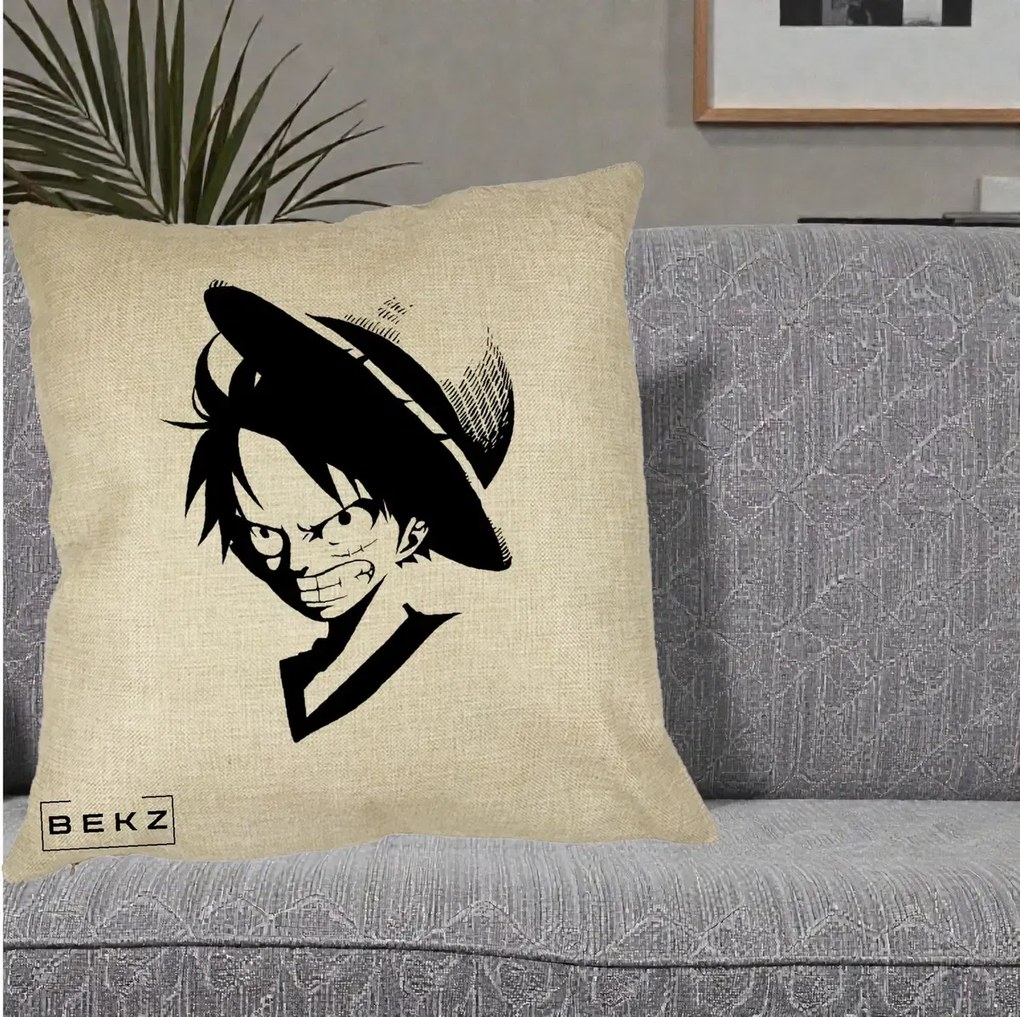 Perna Personalizata One Piece Luffy Silueta Alb-Negru, 40x40 cm, Crem, Husa Detasabila, Perna Inclusa, BEKZ®