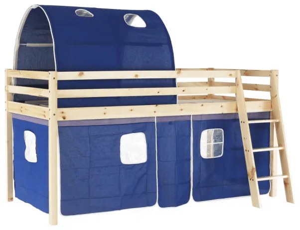 Pat pentru copil, inaltat ,cu cort si tunel albastru,208x90x110 cm,lemn pin,Bortis Impex