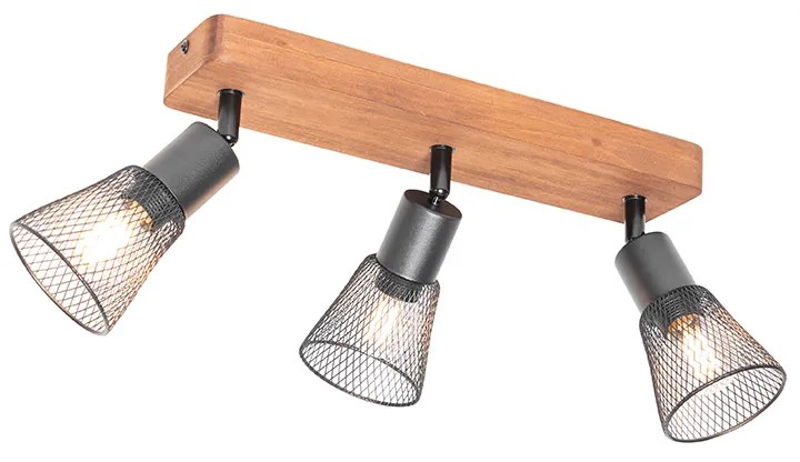 Spotlight industrial negru cu lemn 3 lumini - Kristina