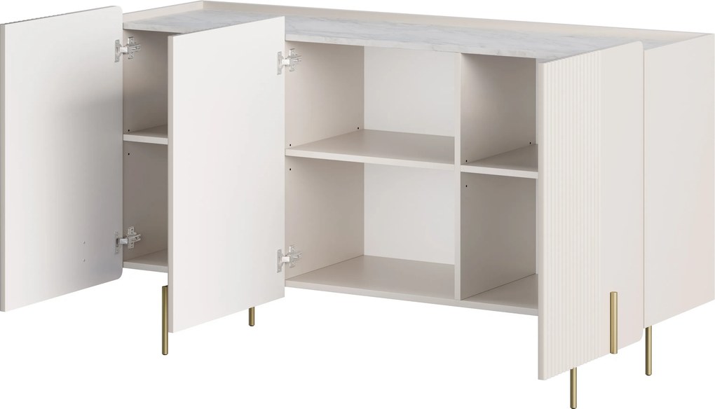 Comodă cu trei uși Malmi 150 cm - cashmere / crema bianca / picioare aurii