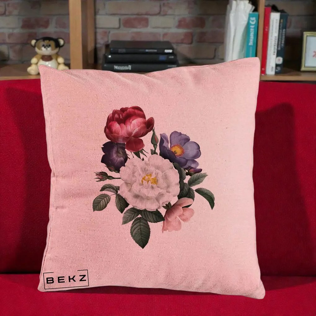 Perna Decorativa Buchet Trandafiri Bujori Botanical, 40x40 cm, Roz, Husa Detasabila, Perna Inclusa, BEKZ®