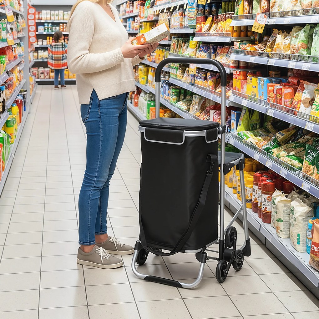 HOMCOM Cărucior de Cumpărături cu Geantă Impermeabilă de 40L, 46x59.5x97 cm, Negru și Argintiu | Aosom Romania