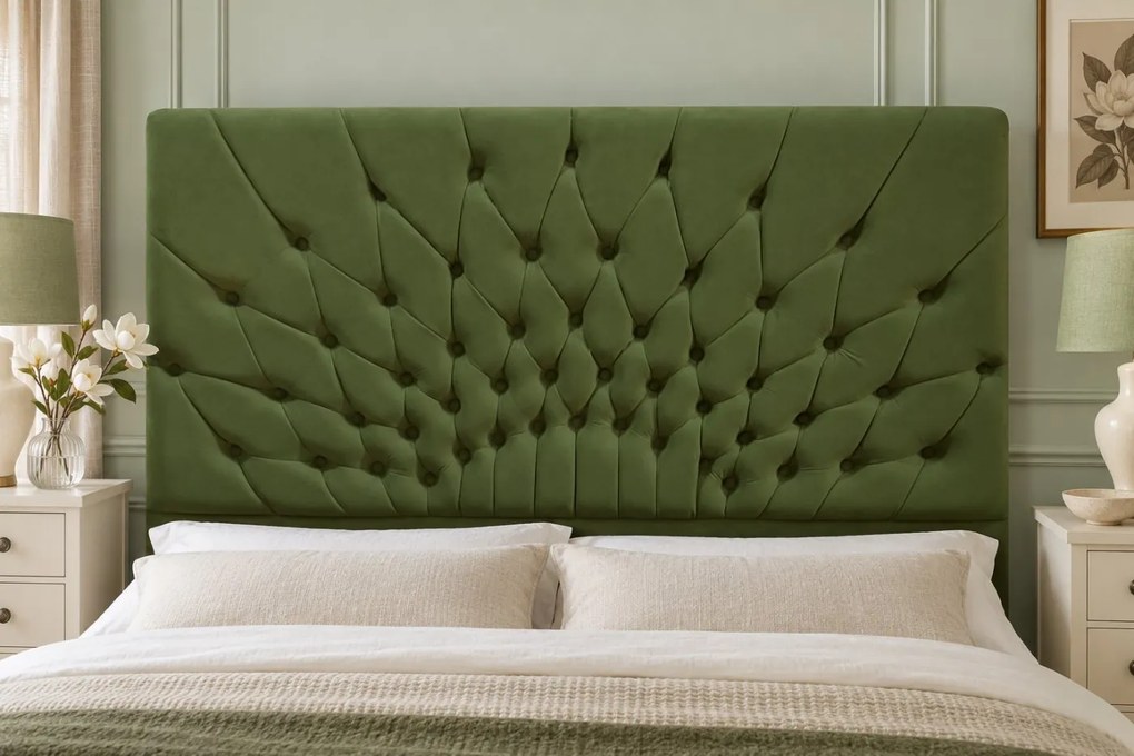 Pat tapițat Chesterfield din catifea Venezia 160×200 cm, kaki, cu ladă de depozitare