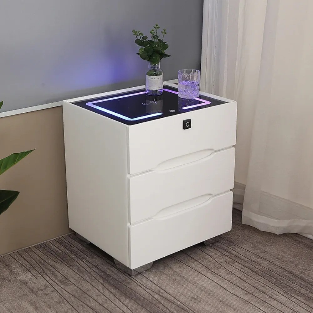 RESIGILAT- Noptieră inteligentă multifuncțională, 3 sertare, blocare amprentă, iluminare LED-uri Color Touch, încărcare fără fir, încărcare USB, sticlă securizată, Alb