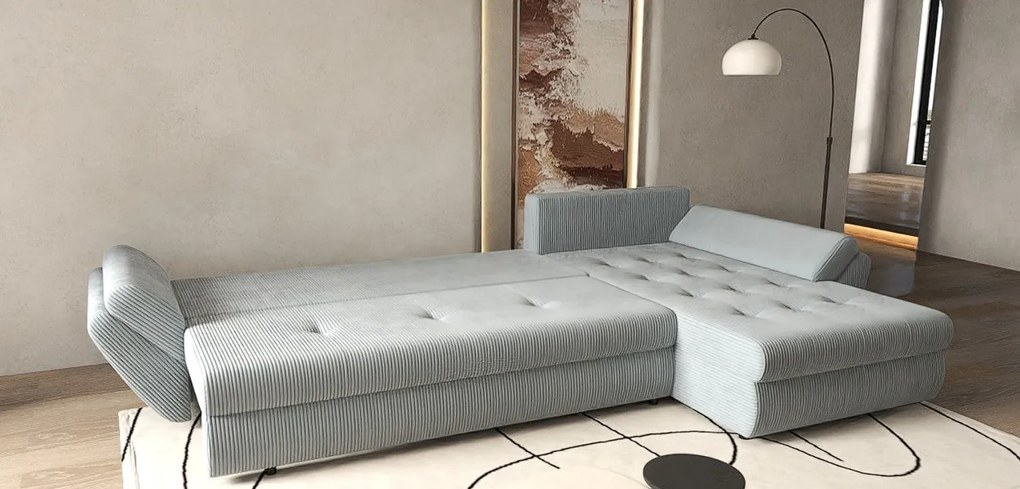 Colțar extensibil dumonde cu ladă de depozitare si sezut confortabil din spuma high-density, Loana XL Zoom Grey 335x185 cm