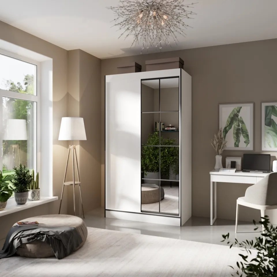 Dulap cu usi glisante si oglinda Osgar, ADRK Furniture (Culoare: Alb, Dimensiuni: 120x216 cm)