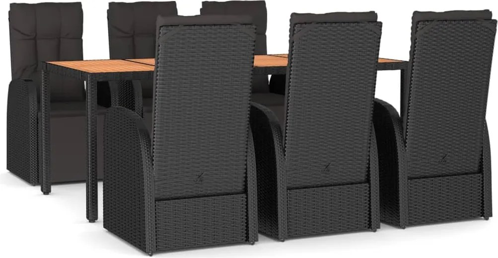 vidaXL Set masă pentru grădină, 7 piese, negru, poliratan/lemn acacia