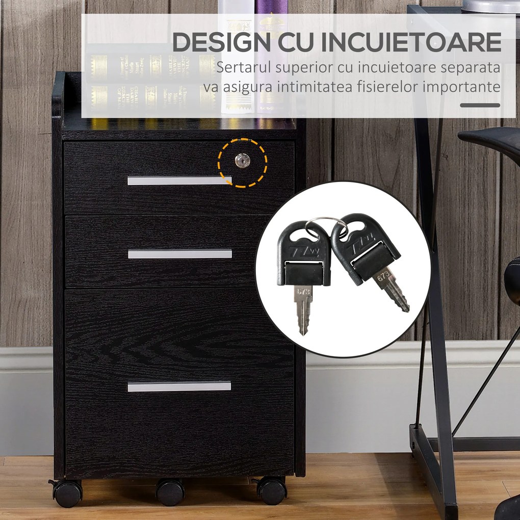 HOMCOM Dulap Portadocumente din Lemn cu 3 Sertare cu Chei de Securitate și 5 Roți, 39.2x40x65.4 cm, Negru | Aosom Romania