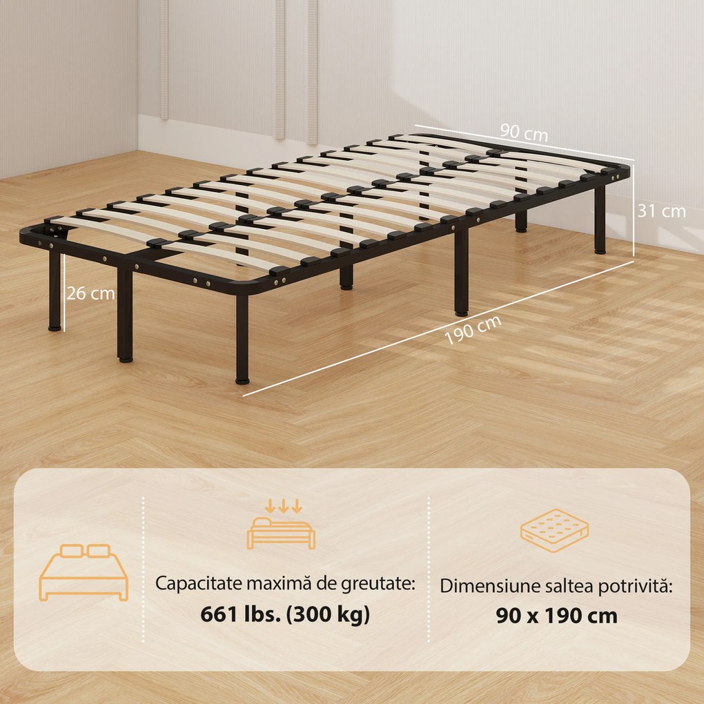 HOMCOM Cadru de Pat Industrial cu 28 de Lamele și Spațiu de Depozitare, din Lemn și Oțel, 190x90x31 cm, Negru și Lemn | Aosom Romania