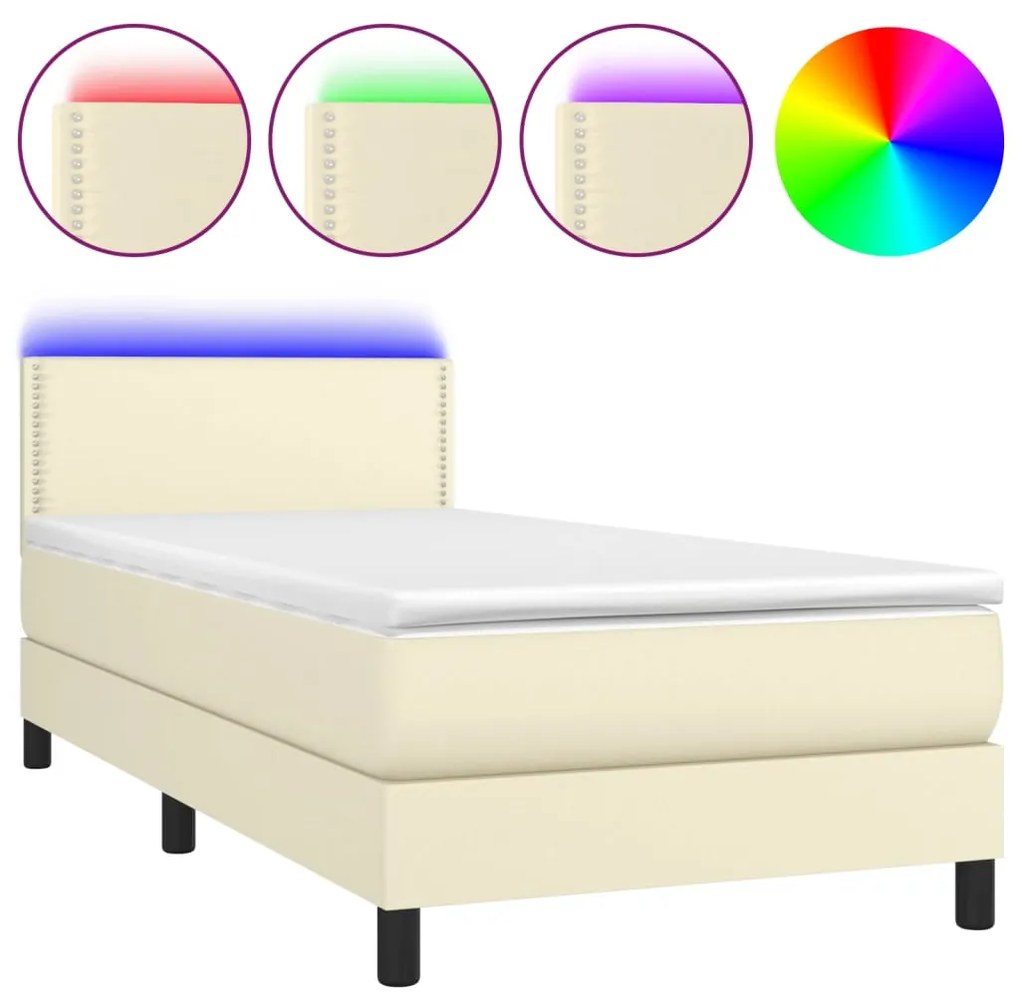 3134131 vidaXL Pat continental cu saltea și LED, crem, 80x200 cm, piele eco