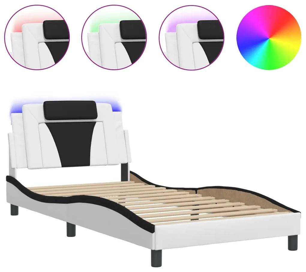 3214007 vidaXL Cadru de pat cu lumini LED alb/negru 100x200 cm piele ecologică