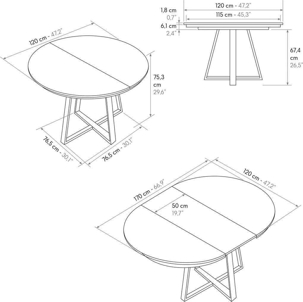 Masa rotunda extensibila Melania, blat Alb Marmorat Ø 120 cm